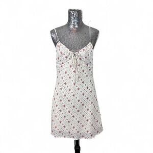 Y2K Coquette Babydoll Floral Mini Dress XL Ruched Bust Bow Tie Romantic Soft